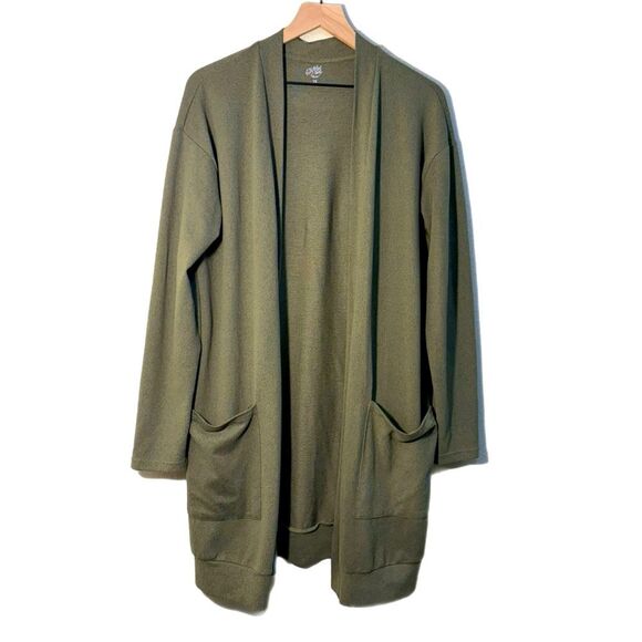 Tickled Teal Olive Knit Cardigan Women’s 1X Open Front longline Pockets. - Picture 1 of 10